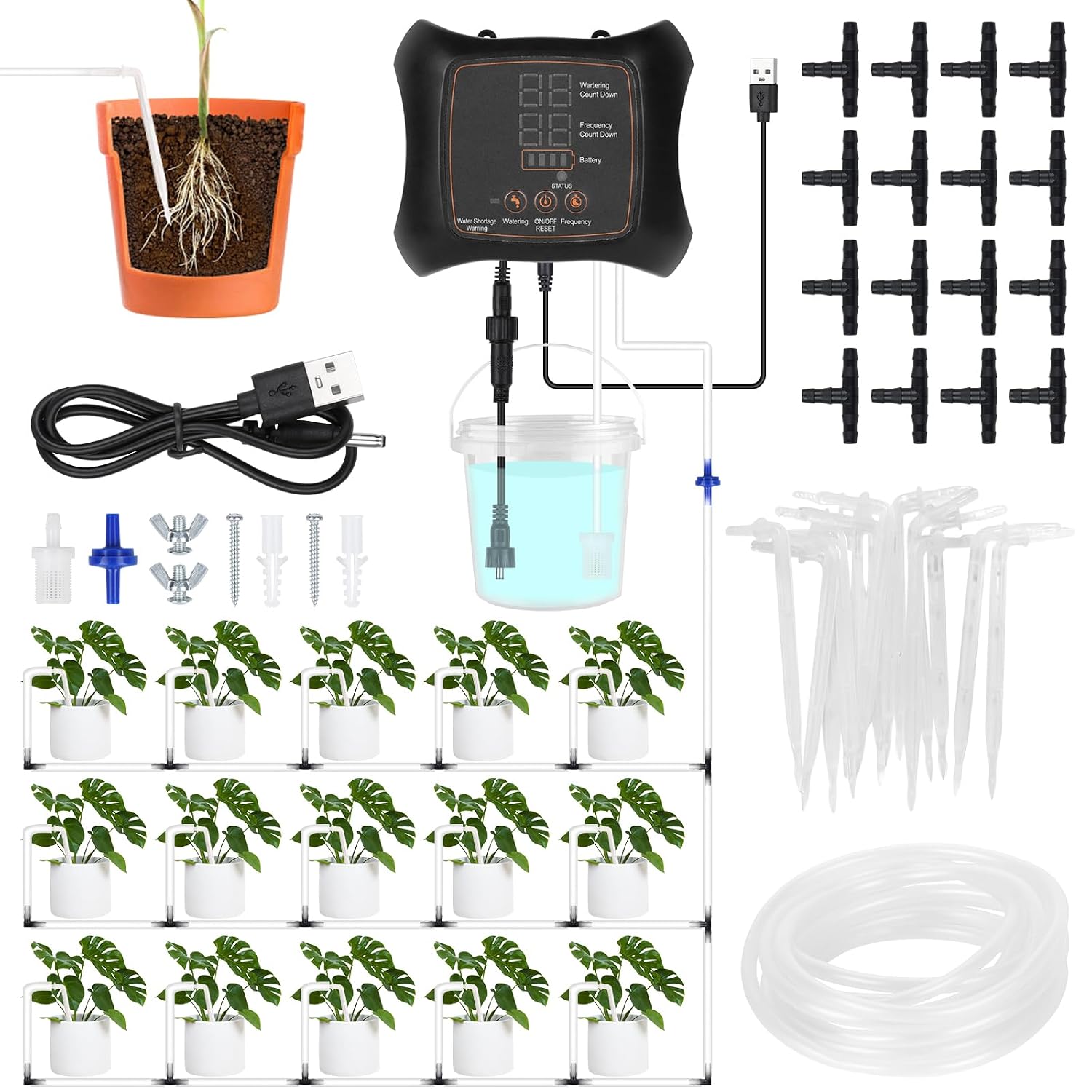 Pflanzen-Bewässerungssystem — mit Timer, 16er-Set, 15 M