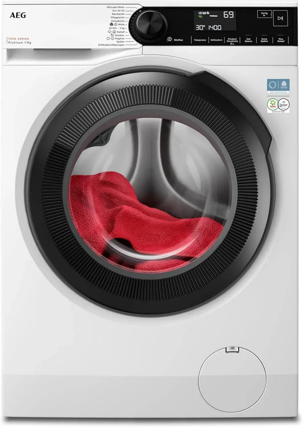 AEG 9kg Waschmaschine Serie 7000 ProSteam mit Dampffunktion – Weniger Bügeln, Mehr Frische, Energiesparend, Leise, Mengenautomatik, Nachlegefunktion, Startzeitvorwahl, Wasserschutz, 1400 U/Min