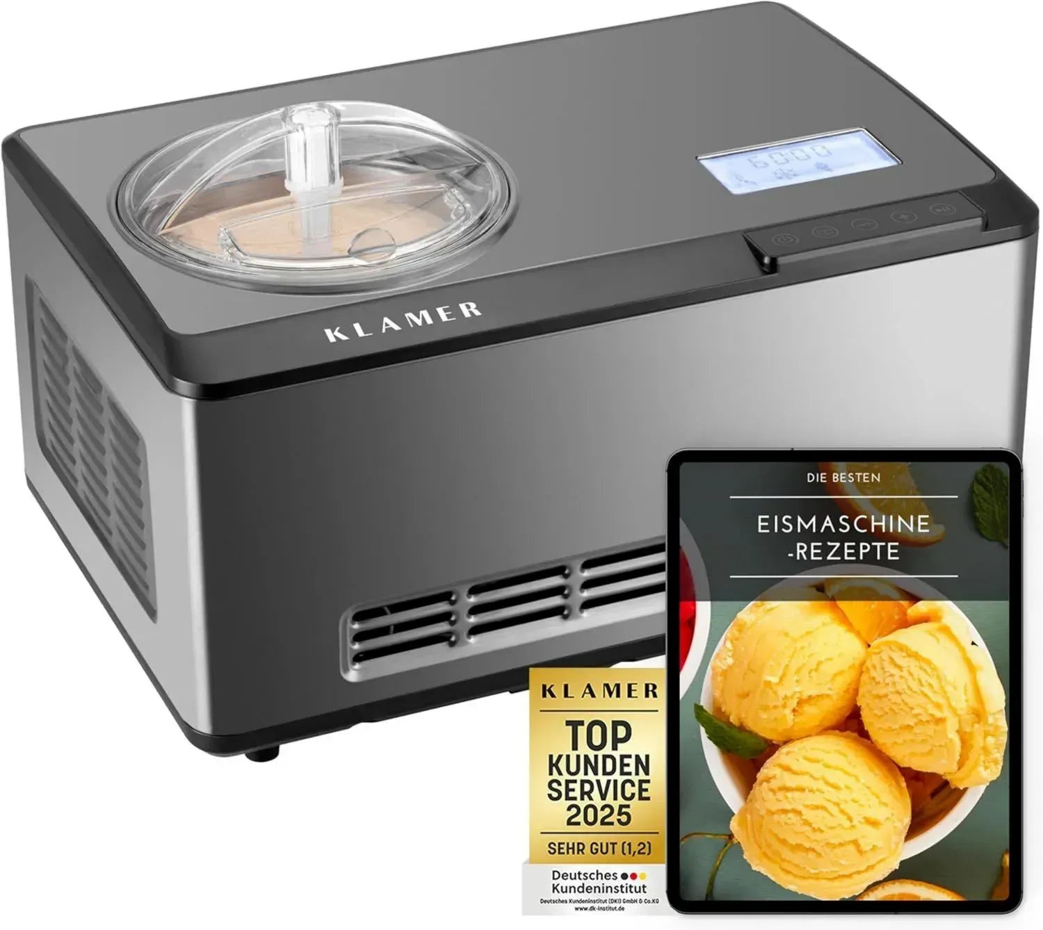 KLAMER Edelstahl Eismaschine & Joghurtbereiter 2L, 180W mit Kühl- und Heizfunktion, Kompressor für hausgemachtes Speiseeis, inkl. digitalem Rezeptbuch